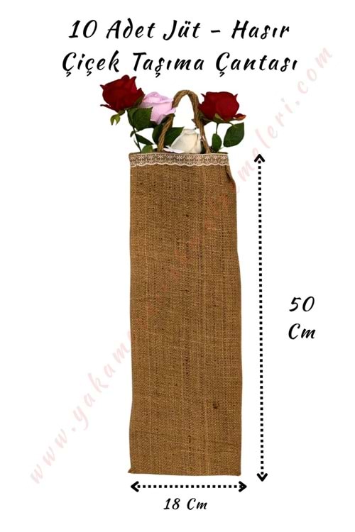 10 Adet Jüt - Hasır Çiçek Taşıma Çantası 50*18 Cm