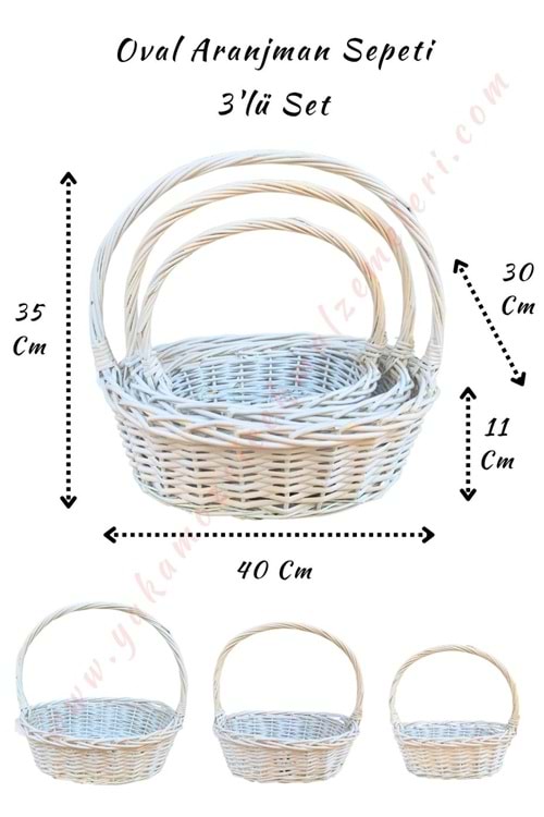Oval Aranjman Sepeti 3 lü Set Beyaz 40*30 Cm