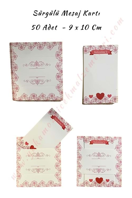 50 Adet Sürgülü Kartvizit Mesaj Kartı 9*10 Cm - Kırmızı Çiçekli