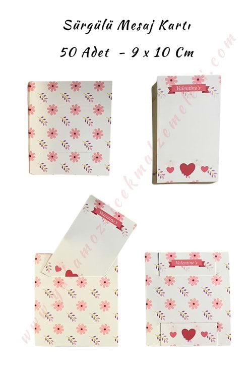 50 Adet Sürgülü Kartvizit Mesaj Kartı 9*10 Cm - Kırmızı Dallı