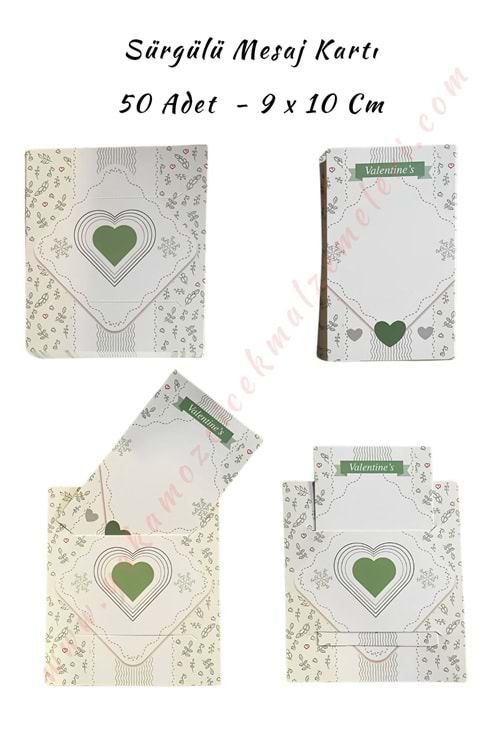 50 Adet Sürgülü Kartvizit Mesaj Kartı 9*10 Cm - Yeşil Kalpli