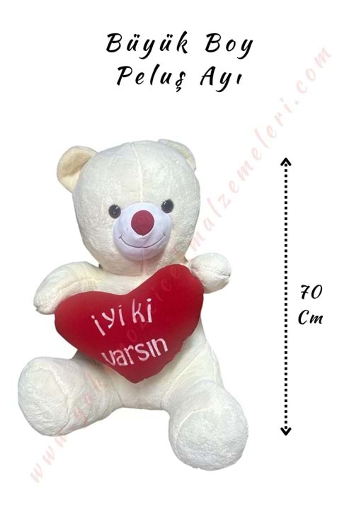 Peluş Ayı Büyük Boy - İyi ki Varsın - Beyaz - 70 Cm