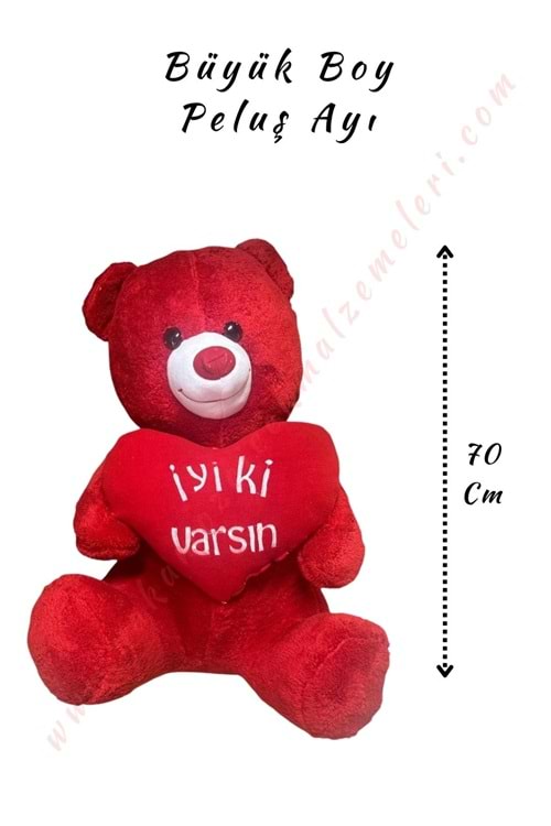 Peluş Ayı Büyük Boy - İyi ki Varsın - Kırmızı - 70 Cm