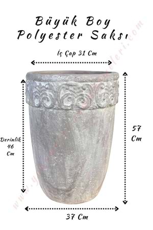 Büyük Boy Polyester Saksı Barok İşlemeli Çap 37 Cm Yükseklik 57 Cm - Gri