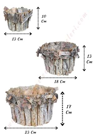Ağaç Dalları İle Süslenmiş 3 lü Set Ahşap Saksı YK-176 - Kahverengi