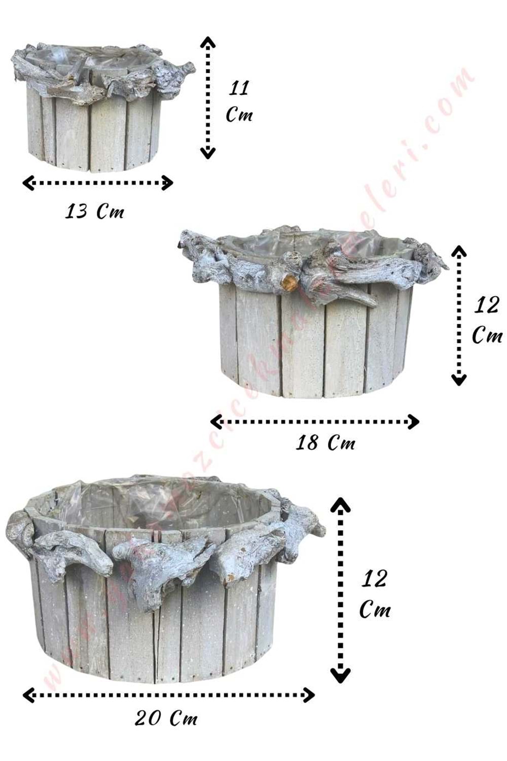 Ağaç Dalları İle Süslenmiş 3 lü Set Ahşap Saksı YK-176 - Krem