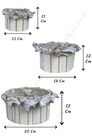 Ağaç Dalları İle Süslenmiş 3 lü Set Ahşap Saksı YK-176 - Krem