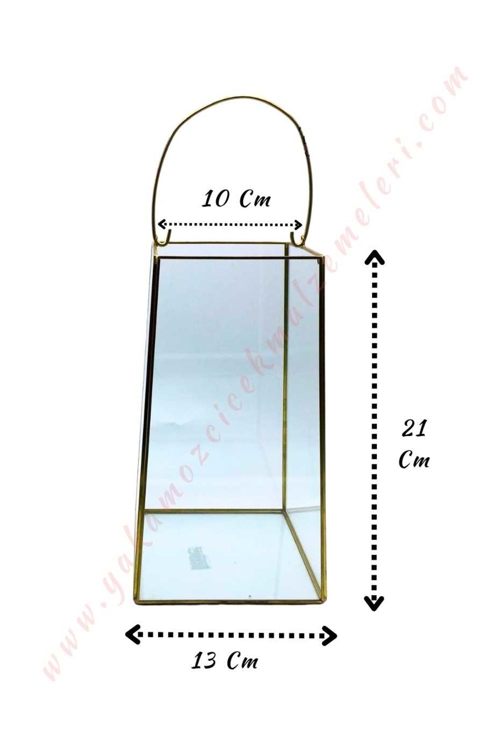 Metal Çerçeveli Dikdörtgen Prizma Fener Mumluk Kandil Küçük 13*21 Ağız Genişliği 10 Cm