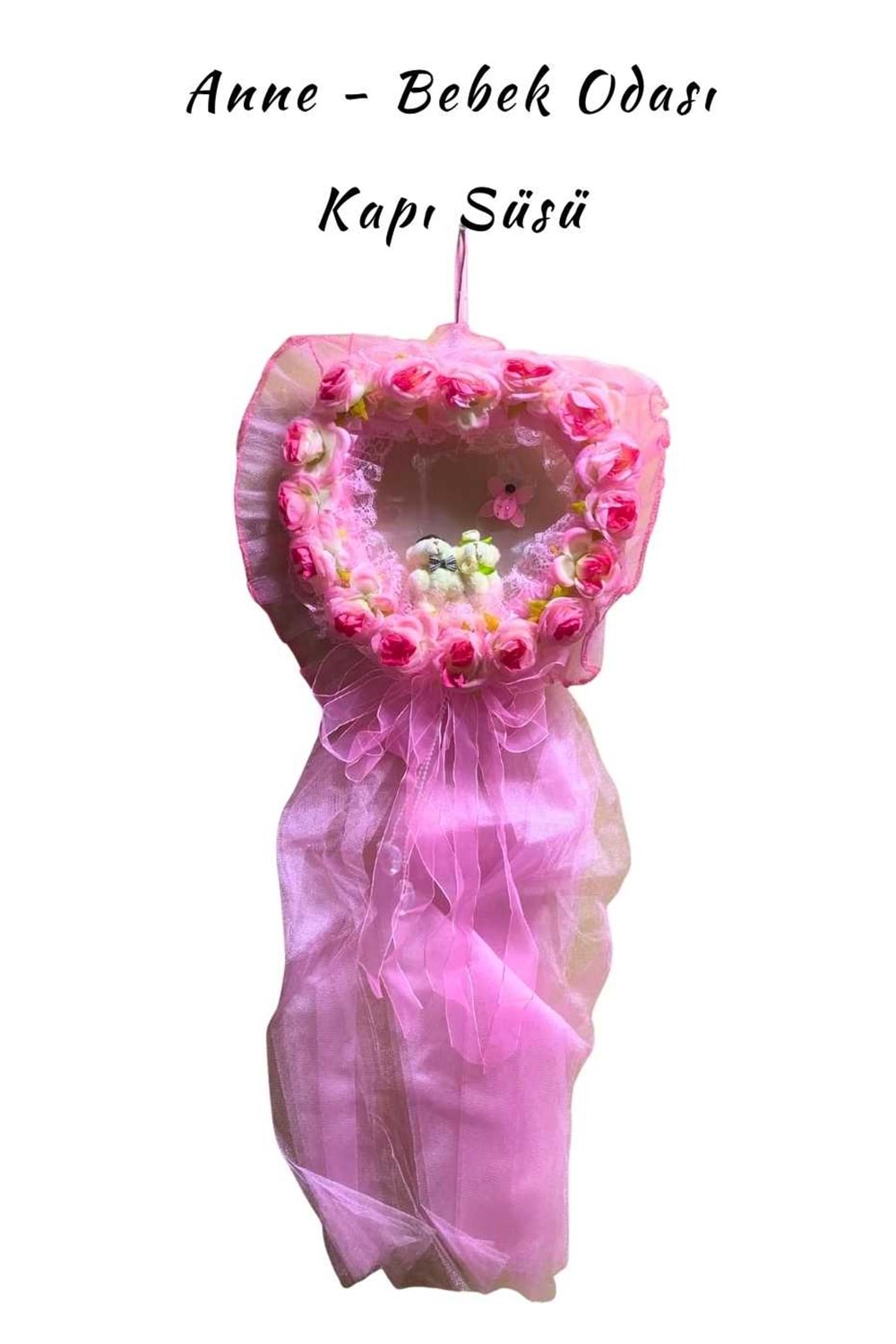 Ayıcıklı - Kalpli Bebek Kapı Süsü Tül - Pembe