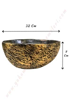 Dal Desenli Eskitme Gold Boyalı Beton Saksı Çanak Çap 32 Cm Boy 14 Cm İST-002