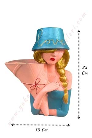 Şapkalı Kız Beton Skulent Kaktüs Saksısı 23*18 Cm