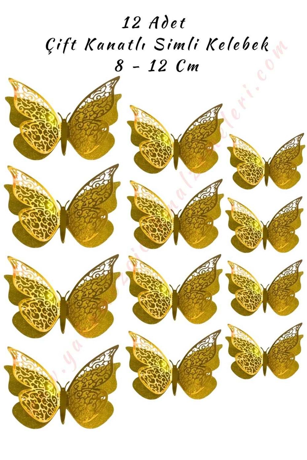 12 Adet Çift Kanatlı Simli Kelebek 3D 8 - 12 Cm - Altın - Gold