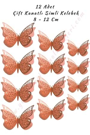 12 Adet Çift Kanatlı Simli Kelebek 3D 8 - 12 Cm - Bakır