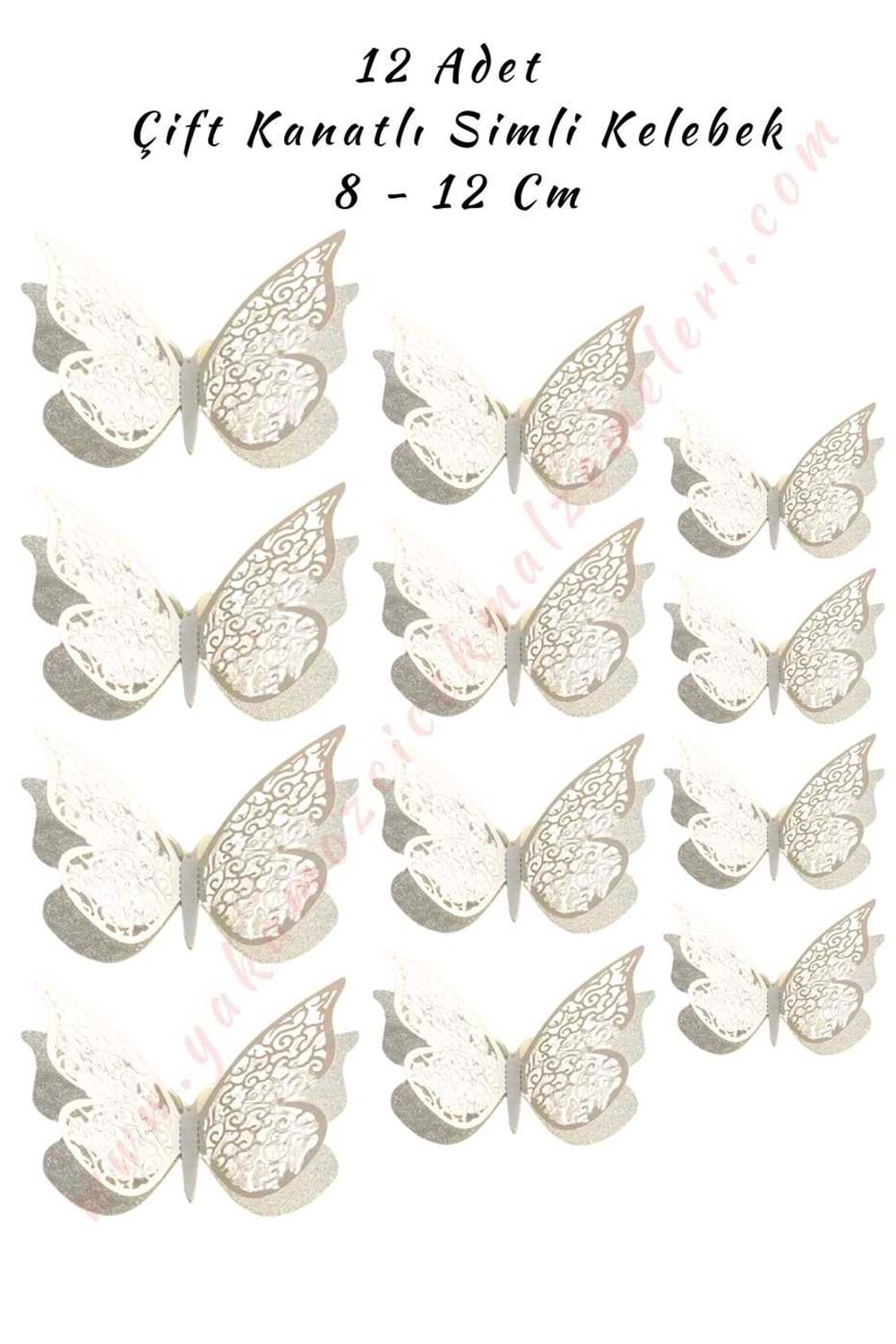 12 Adet Çift Kanatlı Simli Kelebek 3D 8 - 12 Cm - Beyaz