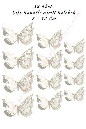 12 Adet Çift Kanatlı Simli Kelebek 3D 8 - 12 Cm - Beyaz