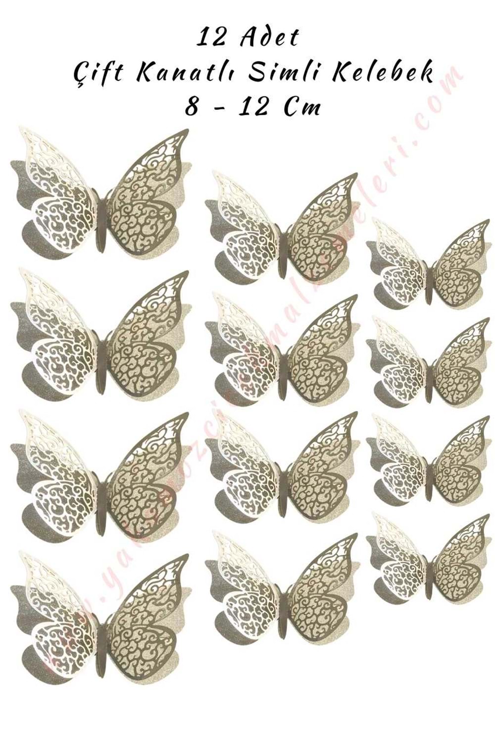 12 Adet Çift Kanatlı Simli Kelebek 3D 8 - 12 Cm - Gümüş