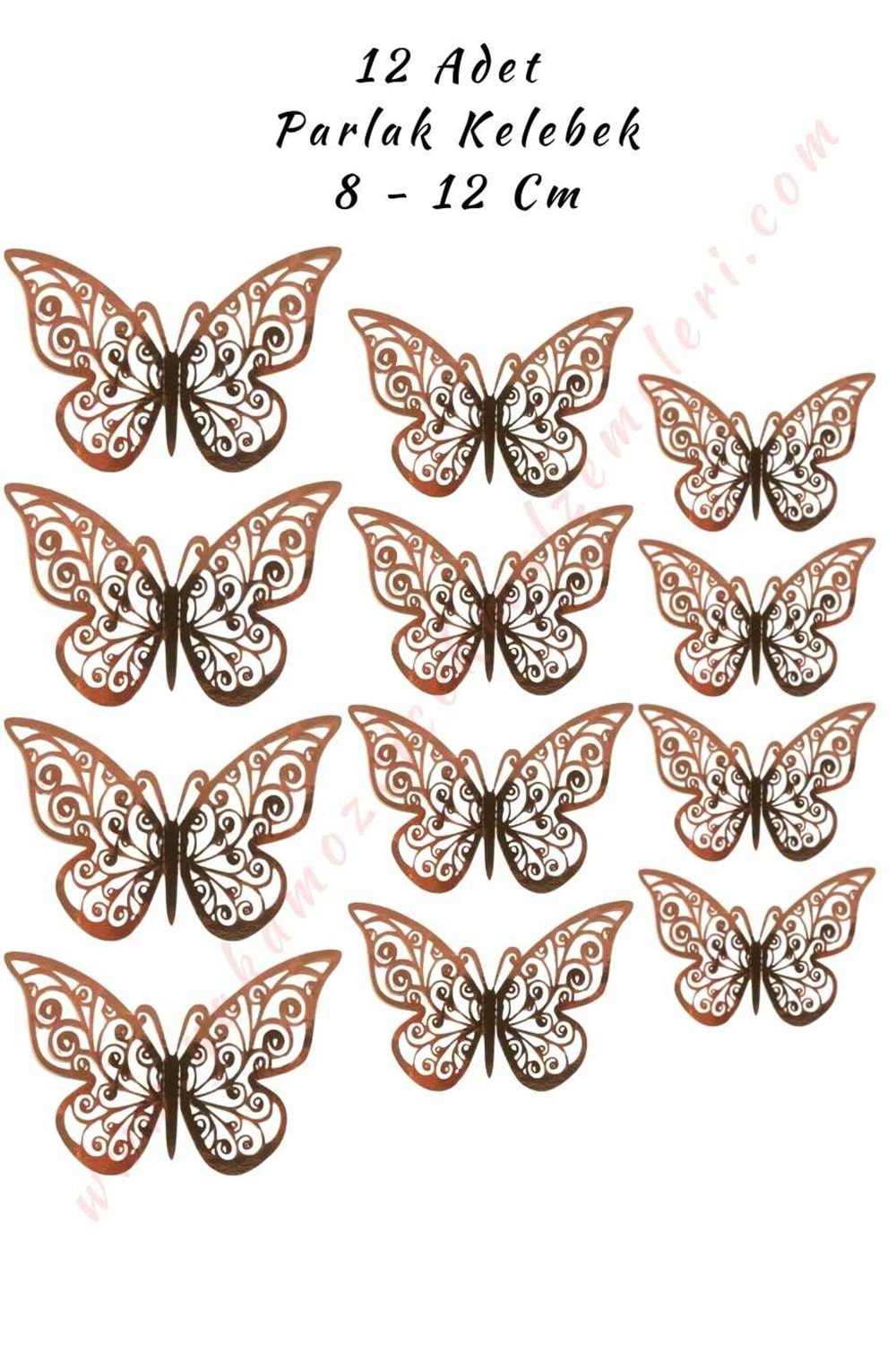 12 Adet Tek Kanatlı Parlak Kelebek 3D 8 - 12 Cm Mat - Bakır