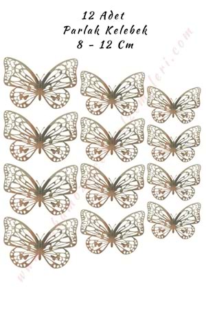 12 Adet Tek Kanatlı Parlak Kelebek 3D 8 - 12 Cm Mat - Gümüş