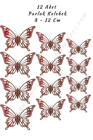 12 Adet Tek Kanatlı Parlak Kelebek 3D 8 - 12 Cm Mat - Kırmızı