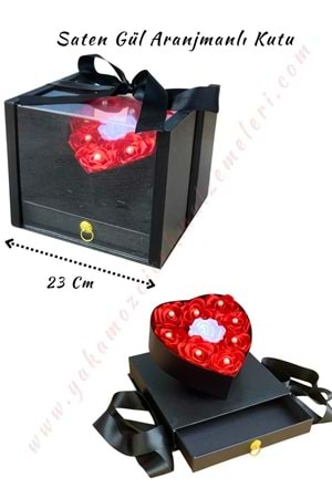 Saten Gül Aranjmanlı Kapli Çekmeceli Çiçek Çikolata Hediye Kutusu Orta Boy KUTU YK-65 - Siyah
