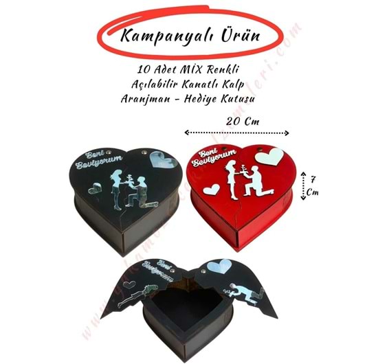 10 Adet Kanatlı Ahşap Kalp Kutu 20*20*7 Cm MİX RENKLER