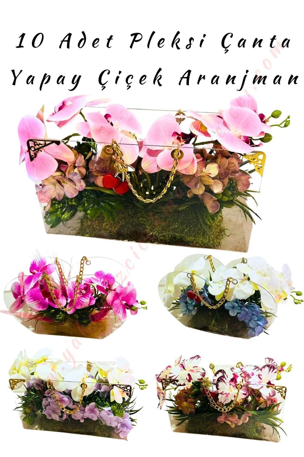 10 Adet Yapay Çiçek Aranjmanlı Zincir Saplı Pleksi Çanta