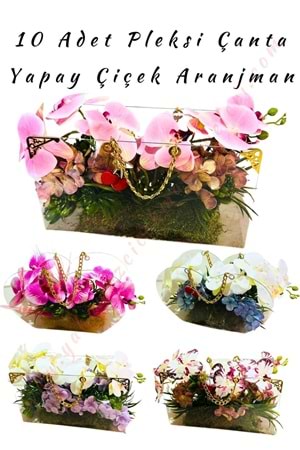 10 Adet Yapay Çiçek Aranjmanlı Zincir Saplı Pleksi Çanta