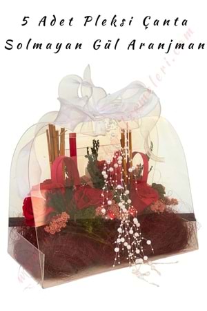 5 Adet Solmayan Gül Aranjmanlı Pleksi Çanta 30*25*17 Cm
