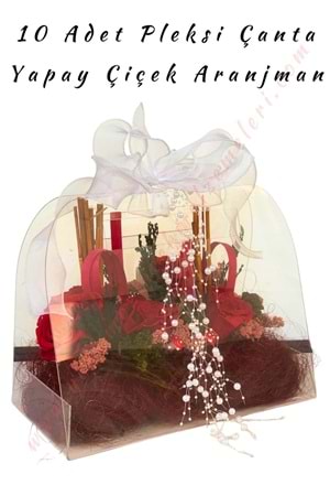 10 Adet Yapay Çiçek Aranjmanlı Pleksi Çanta 30*25*17 Cm