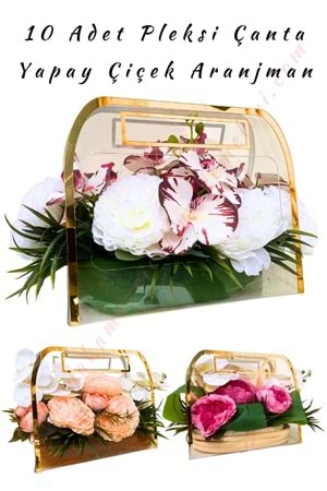 10 Adet Yapay Çiçek Aranjmanlı Pleksi Çanta 30*25*17 Cm